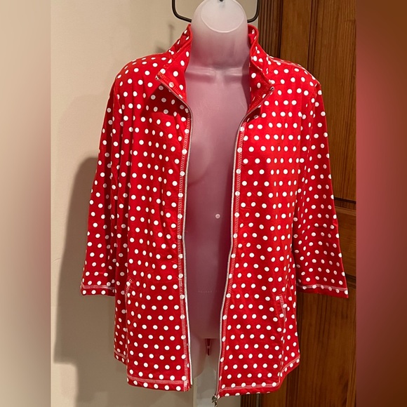 ONQUE CASUALS ZIP UP JACKET COVER UP LAYERING PIECE RED WHITE POLKA DOT LARGE - Picture 10 of 13